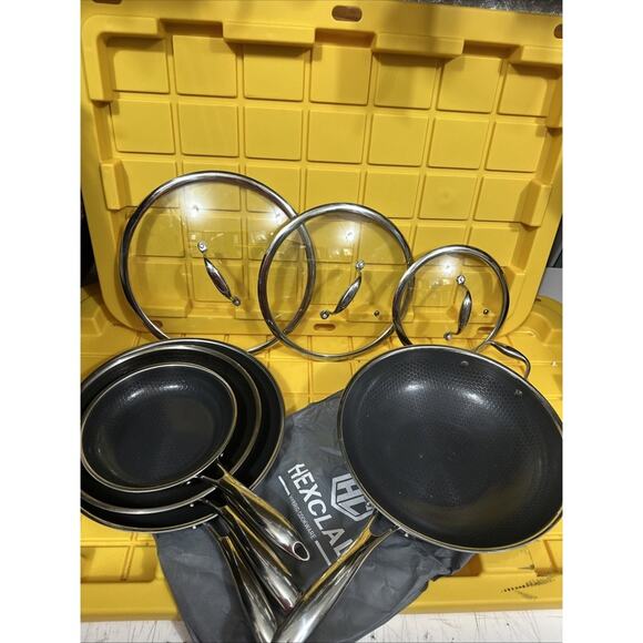 HEXCLAD 7 Piece Nonstick Stainless Steel Frying Pan Set 8 10 12- Lids Wok M $600 - Picture 2 of 10